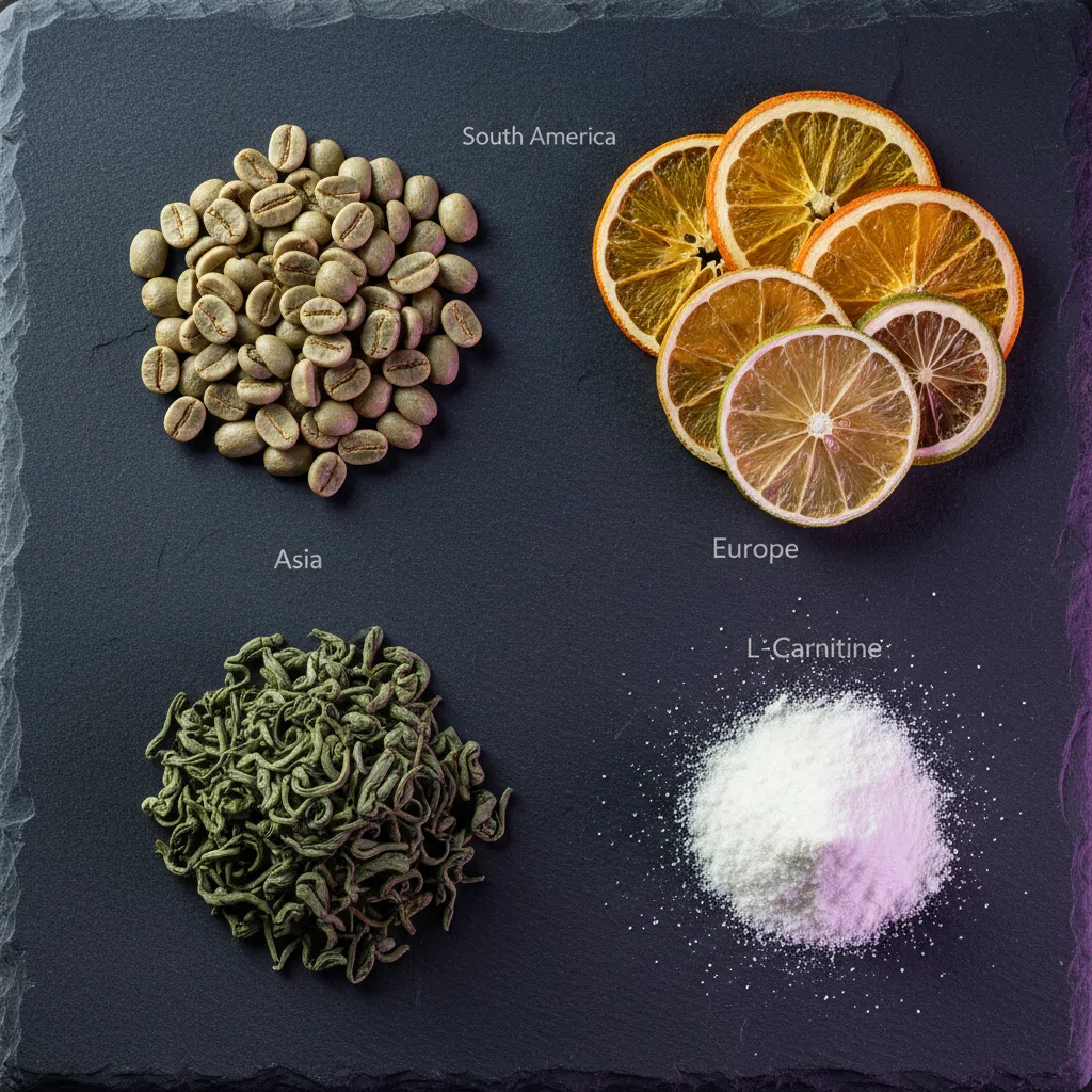 Close-up flat-lay of green coffee beans, dried green tea leaves, L-Carnitine powder and citrus fruit on dark navy slate