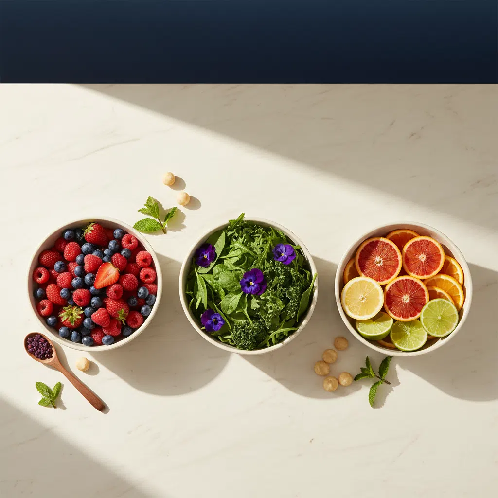 Top-down flat-lay of bowls of mixed berries, leafy greens and citrus fruits on cream marble