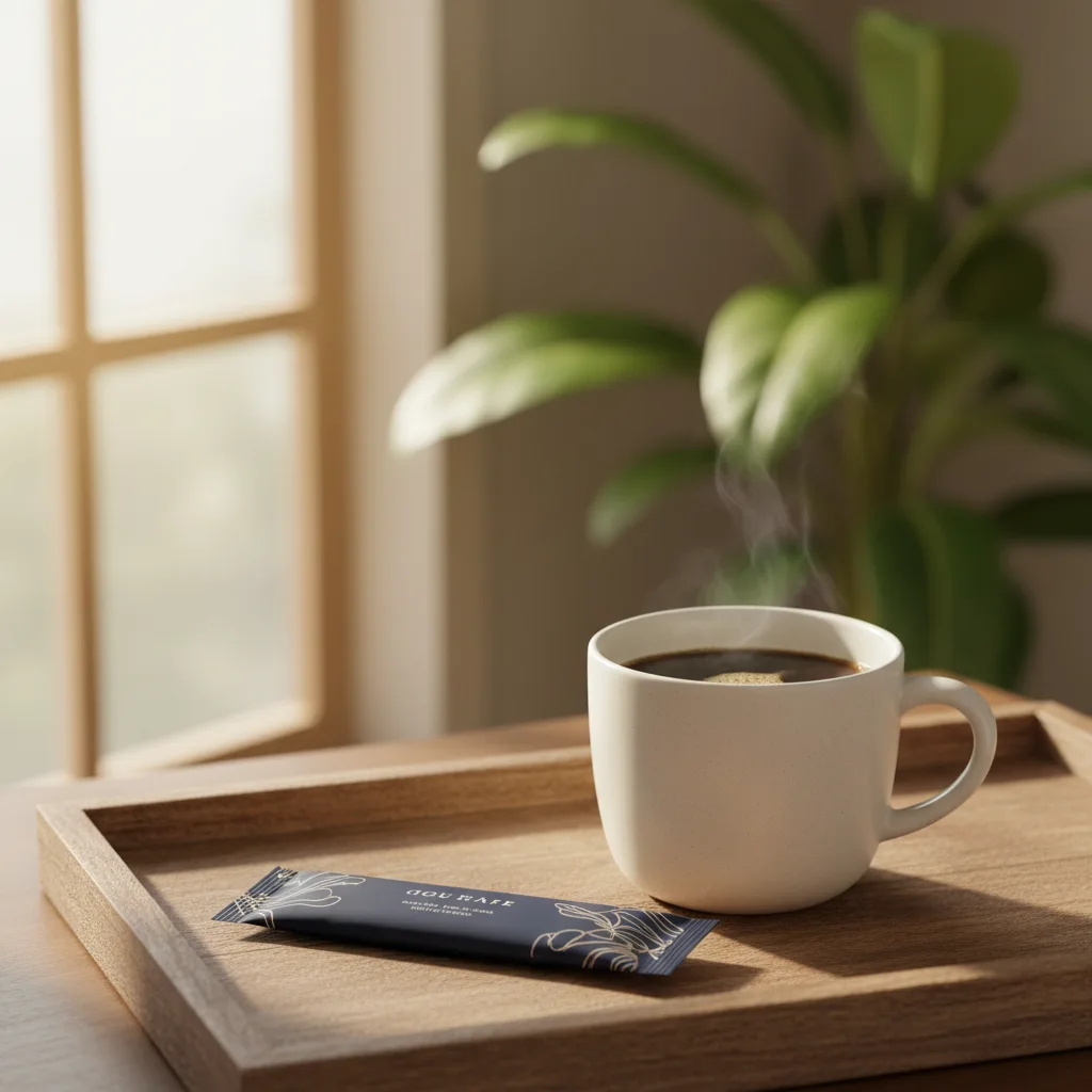 Ceramic mug of coffee beside a Wellaray Coffee sachet on a wooden breakfast tray with morning light streaming through a window